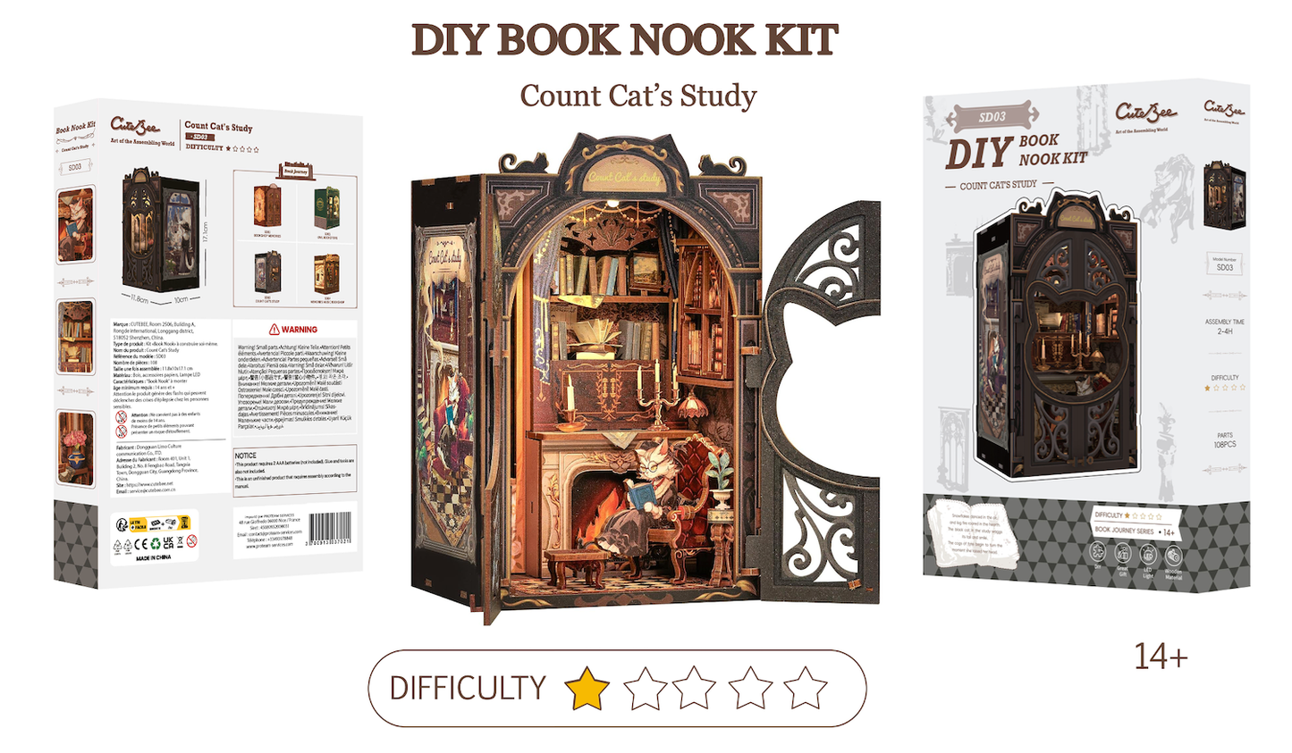BOOK NOOK KIT - DIY - Le Cabinet du Comte Cat - 108pc + Eclairage LED - Image 2