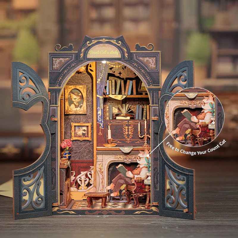 BOOK NOOK KIT - DIY - Le Cabinet du Comte Cat - 108pc + Eclairage LED - Image 3