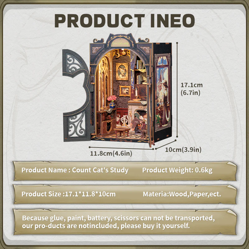 BOOK NOOK KIT - DIY - Le Cabinet du Comte Cat - 108pc + Eclairage LED - Image 6