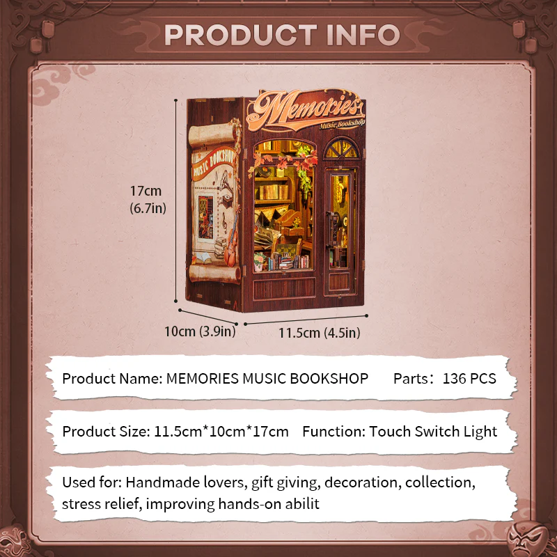 BOOK NOOK KIT - DIY - Libraire Musicale Memories - 136pc + Eclairage LED - Image 6
