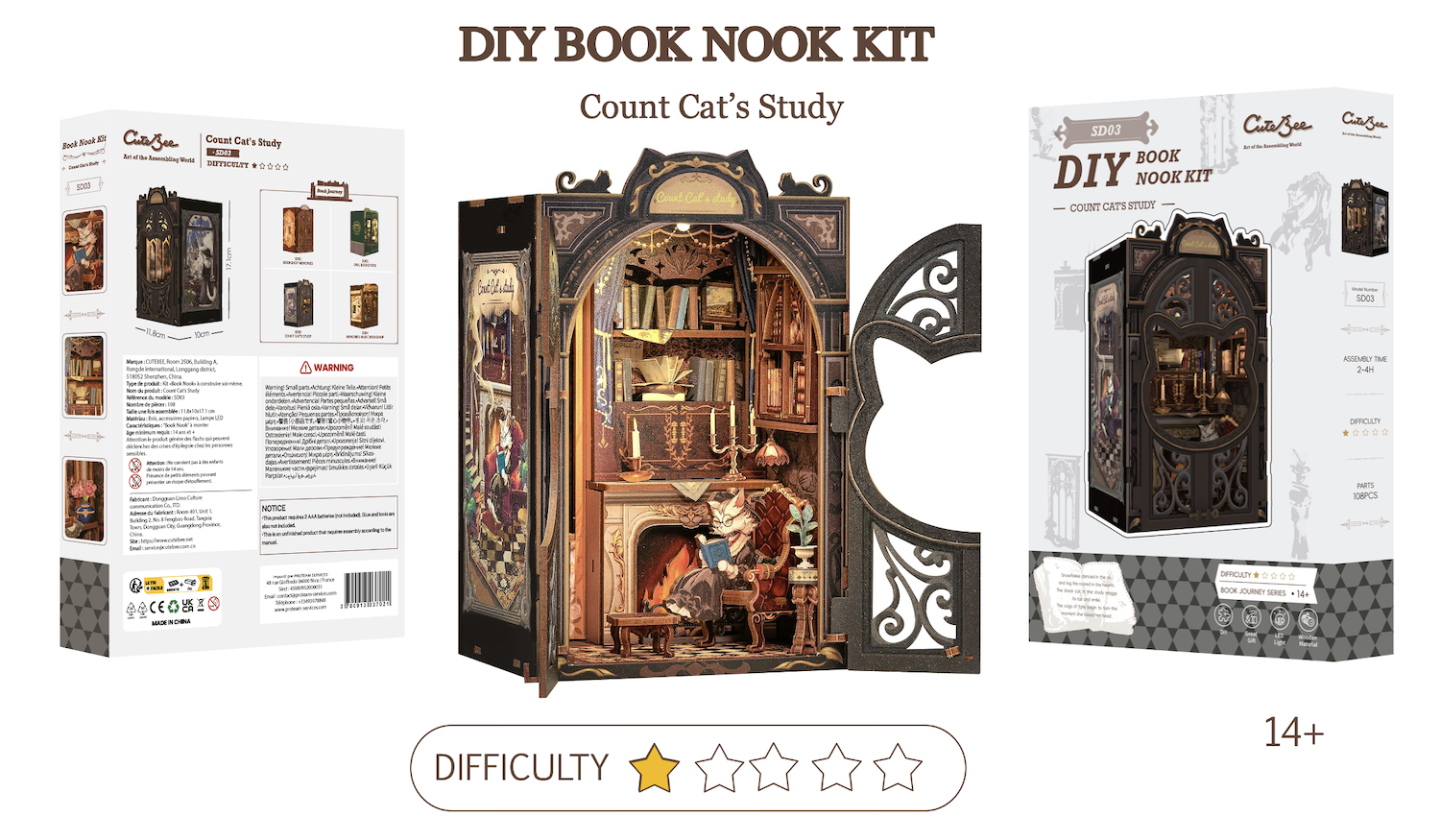 BOOK NOOK KIT - DIY - Le Cabinet du Comte Cat - 108pc + Eclairage LED - Image 2