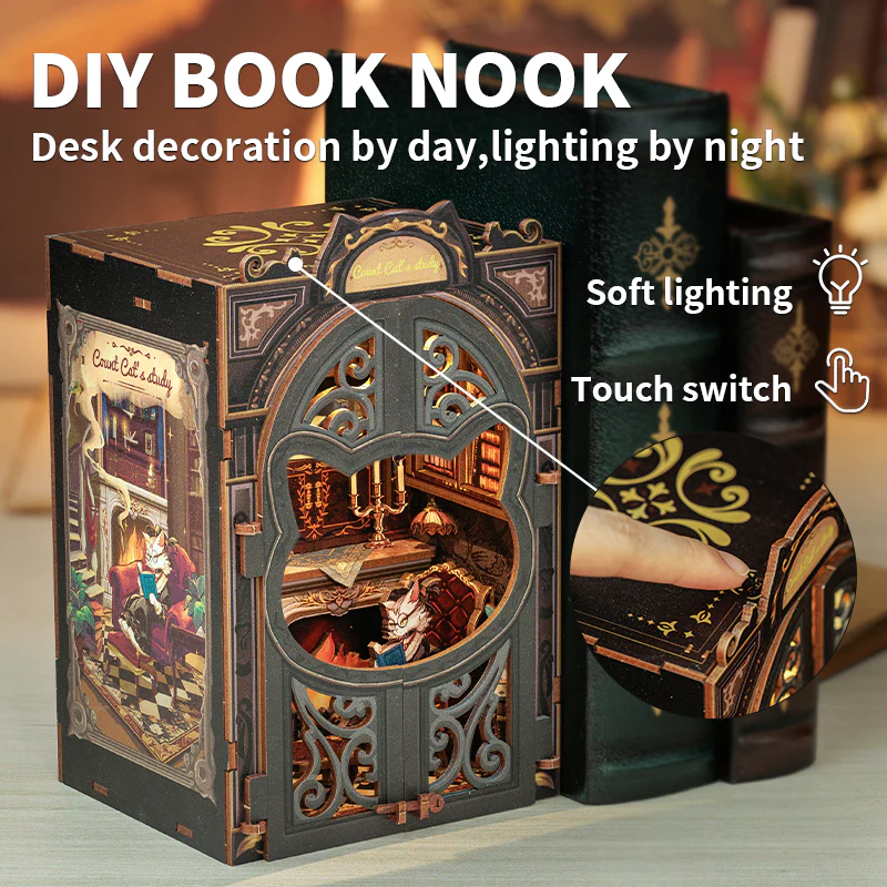 BOOK NOOK KIT - DIY - Le Cabinet du Comte Cat - 108pc + Eclairage LED - Image 5